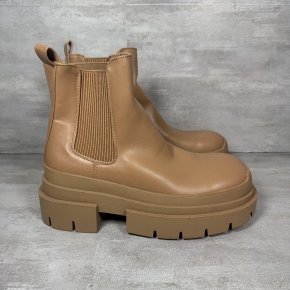 Topshop Boots Womens Size 5/38 Tan Chelsea Chunky Platform Lug Sole Pull On - Picture 1 of 9